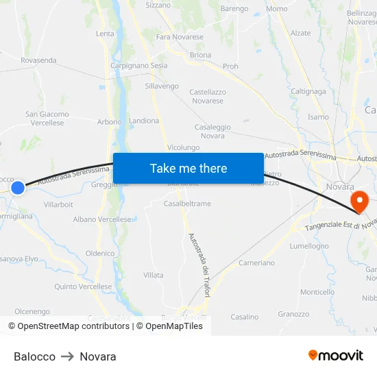 Balocco to Novara map