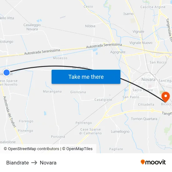 Biandrate to Novara map