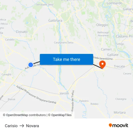 Carisio to Novara map