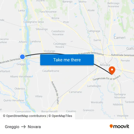 Greggio to Novara map