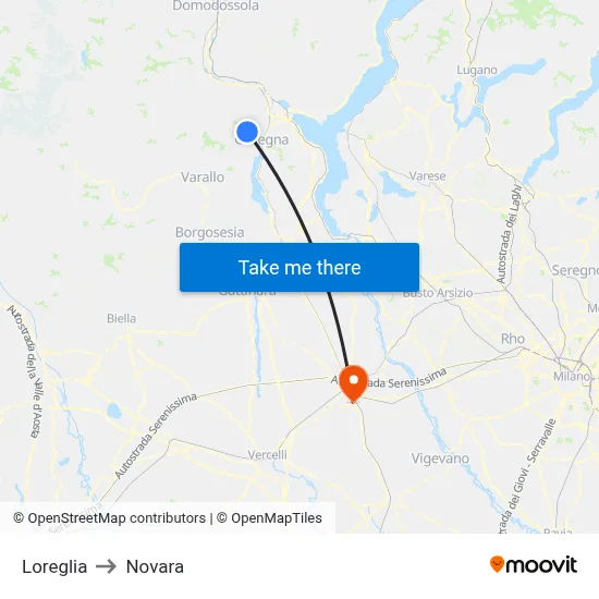 Loreglia to Novara map