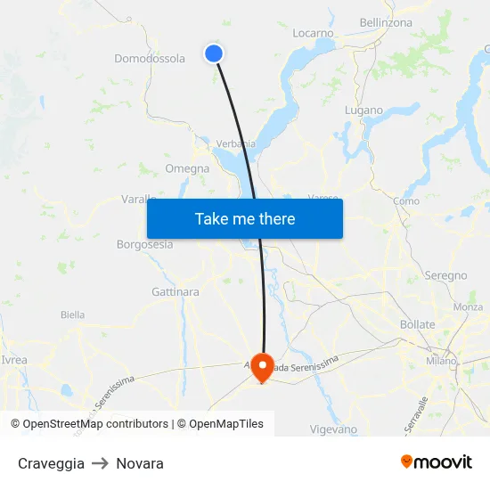 Craveggia to Novara map