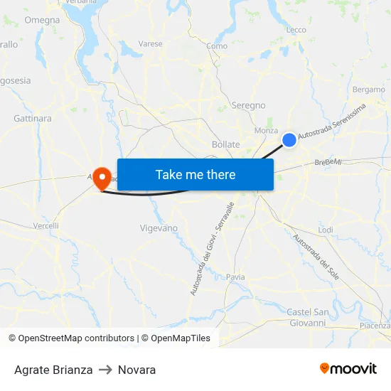 Agrate Brianza to Novara map