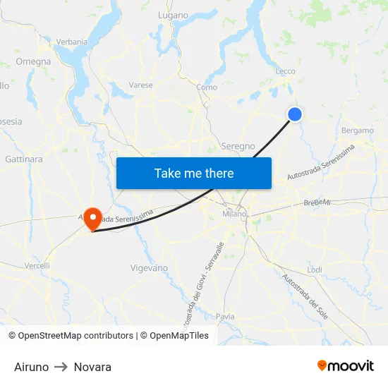 Airuno to Novara map