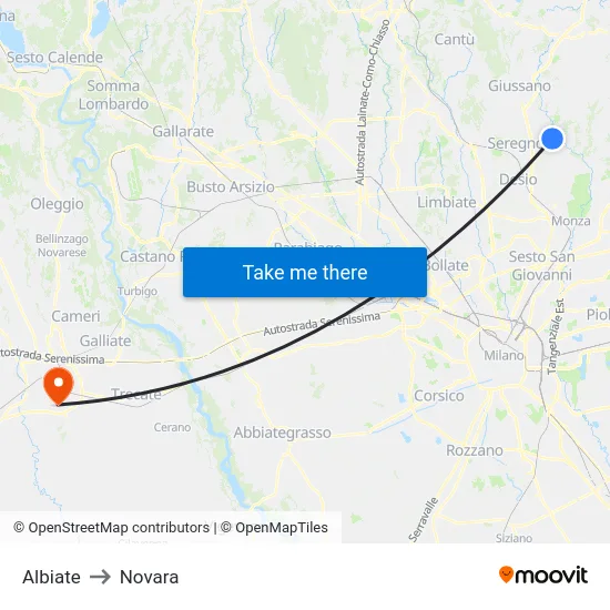 Albiate to Novara map