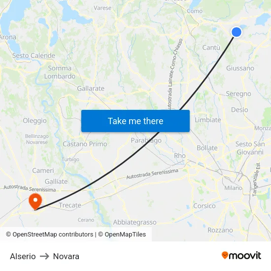 Alserio to Novara map