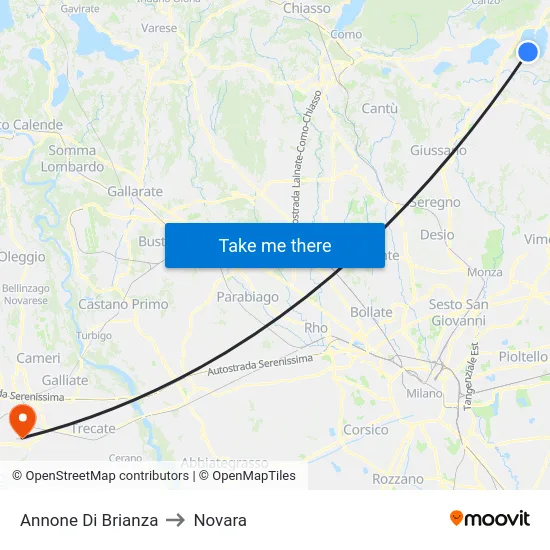 Annone Di Brianza to Novara map