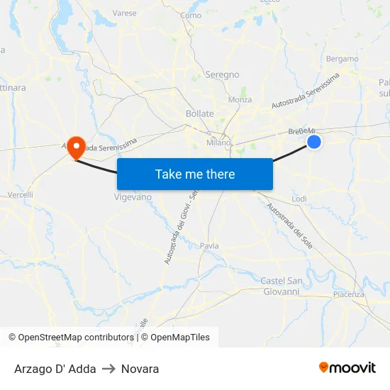 Arzago D' Adda to Novara map