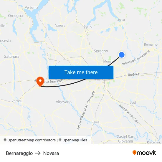 Bernareggio to Novara map