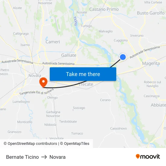 Bernate Ticino to Novara map