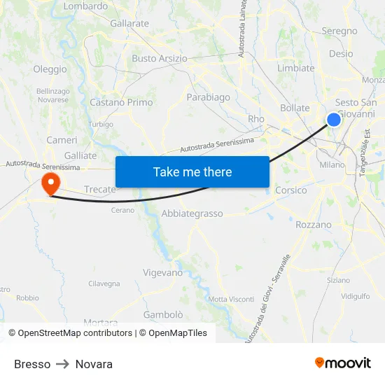 Bresso to Novara map