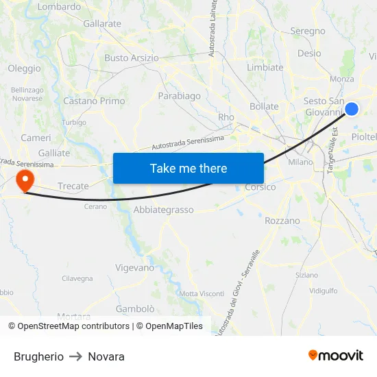 Brugherio to Novara map