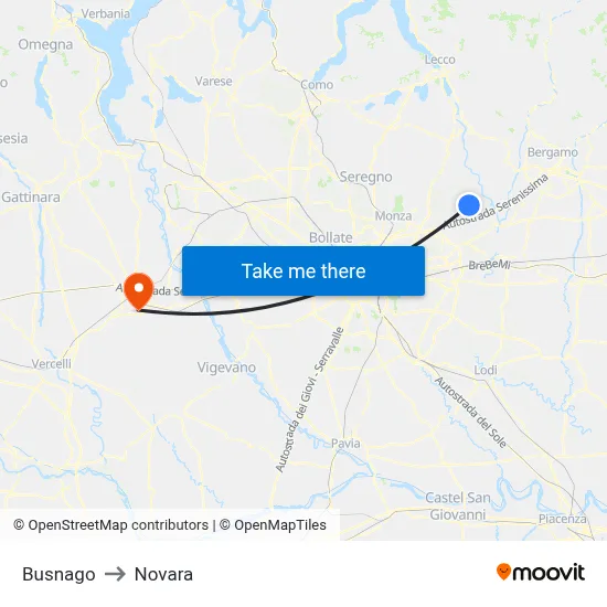 Busnago to Novara map