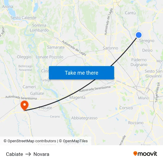 Cabiate to Novara map