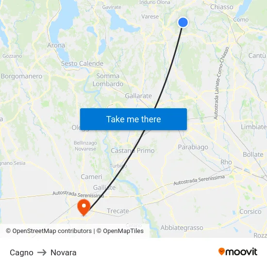 Cagno to Novara map