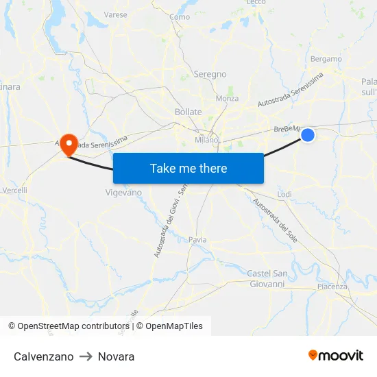 Calvenzano to Novara map