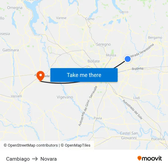 Cambiago to Novara map