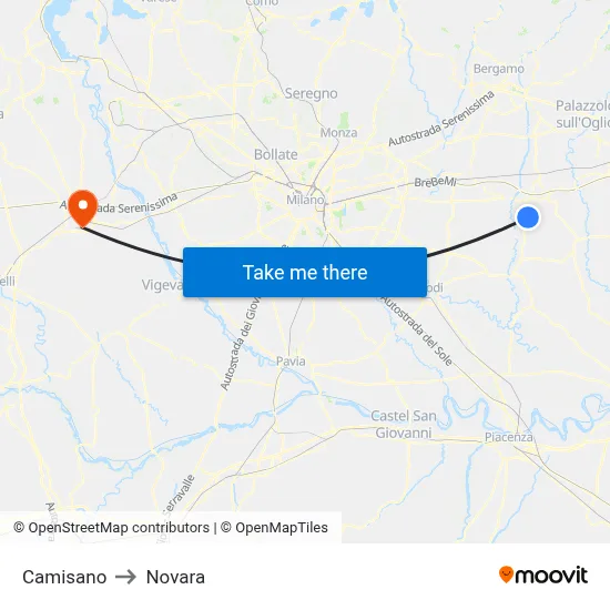Camisano to Novara map