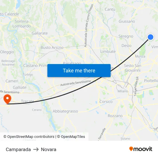 Camparada to Novara map
