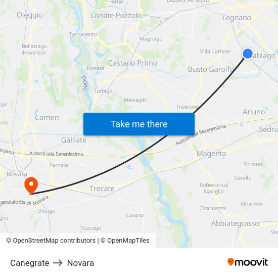 Canegrate to Novara map
