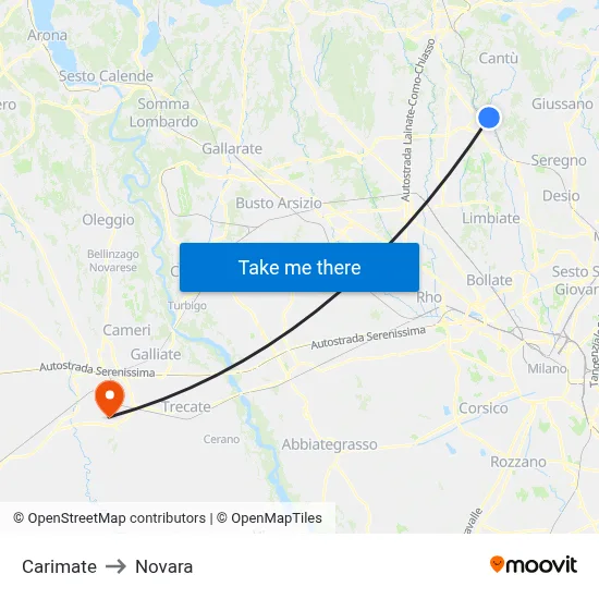 Carimate to Novara map