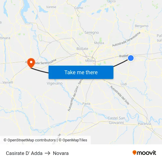 Casirate D' Adda to Novara map