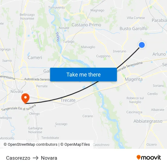 Casorezzo to Novara map