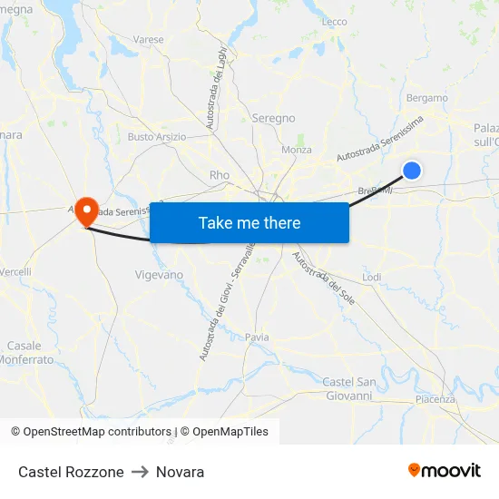 Castel Rozzone to Novara map