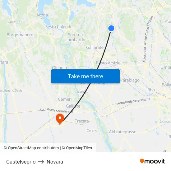 Castelseprio to Novara map