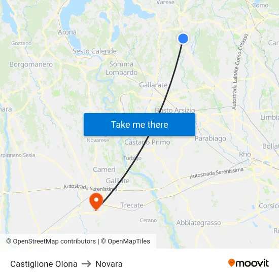 Castiglione Olona to Novara map