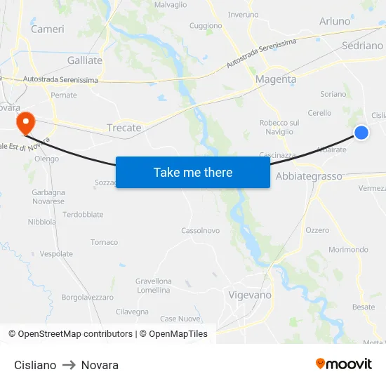Cisliano to Novara map
