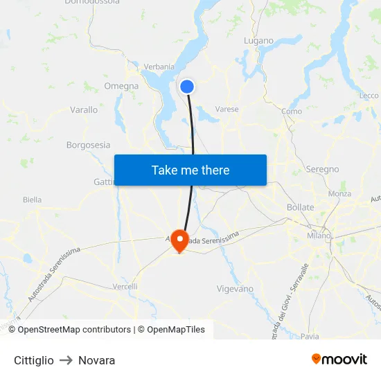 Cittiglio to Novara map
