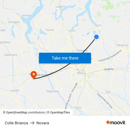 Colle Brianza to Novara map