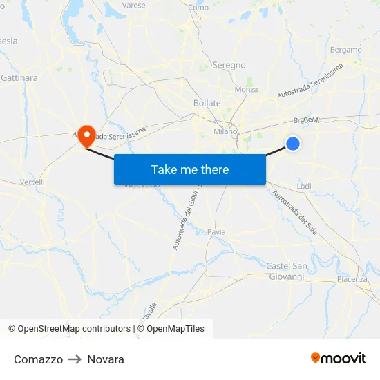 Comazzo to Novara map