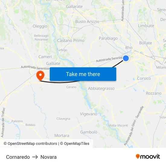 Cornaredo to Novara map