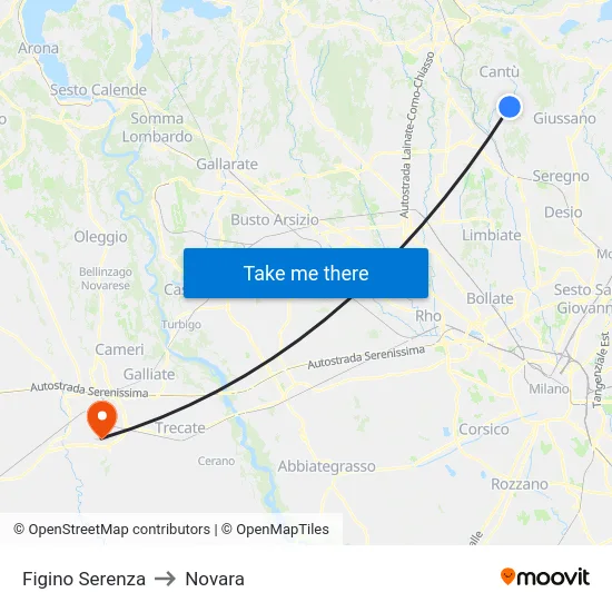 Figino Serenza to Novara map