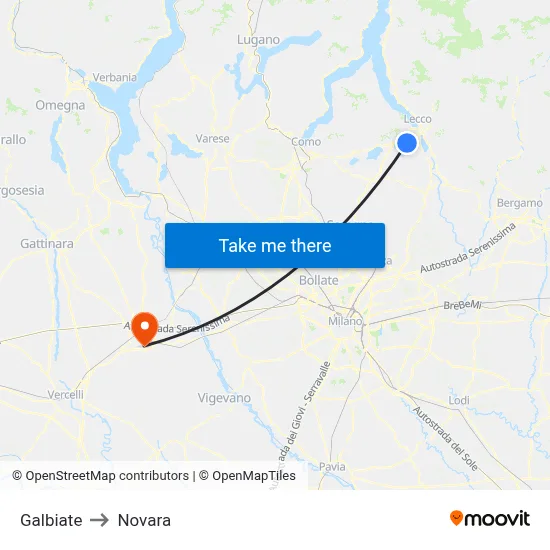 Galbiate to Novara map