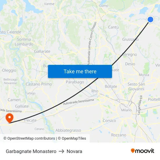 Garbagnate Monastero to Novara map