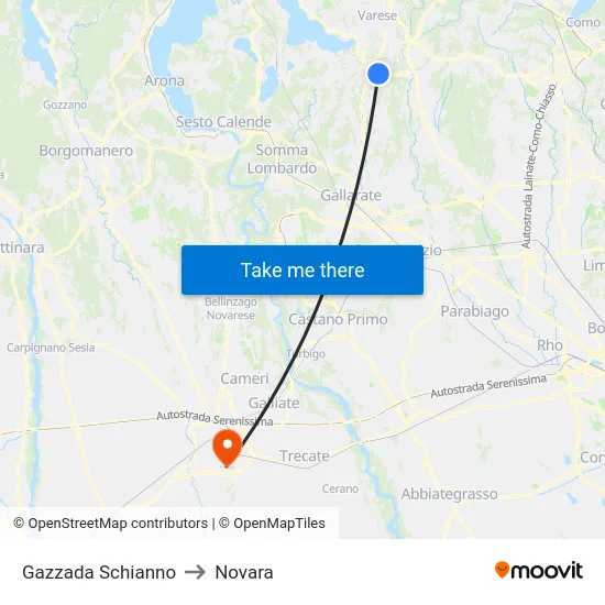 Gazzada Schianno to Novara map