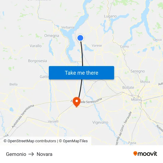 Gemonio to Novara map