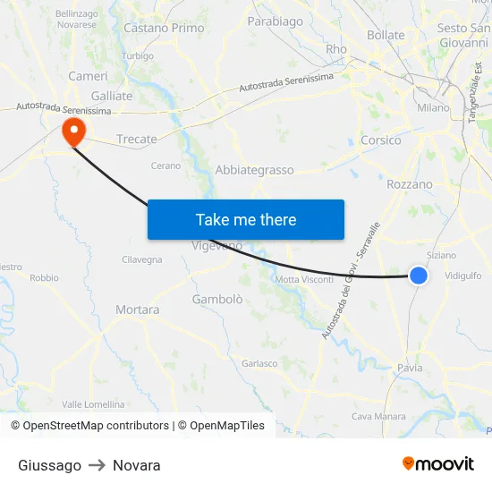 Giussago to Novara map