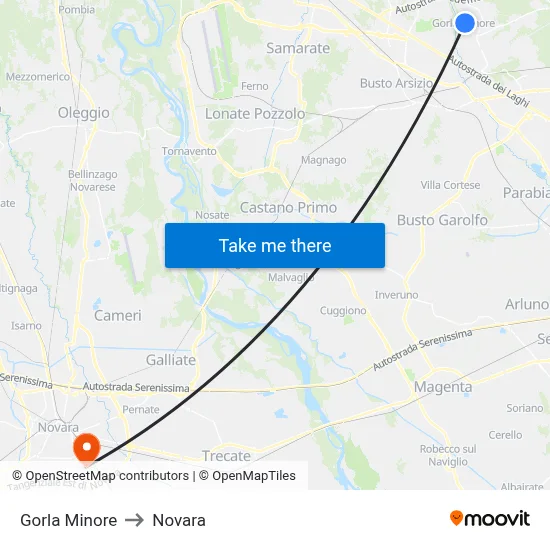 Gorla Minore to Novara map