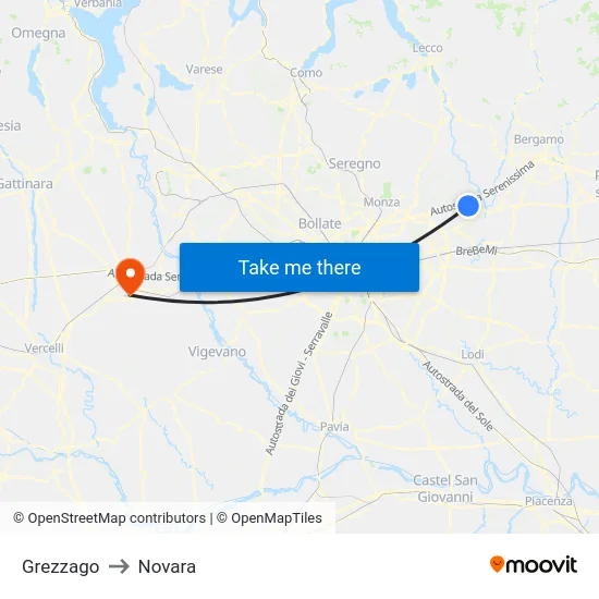 Grezzago to Novara map