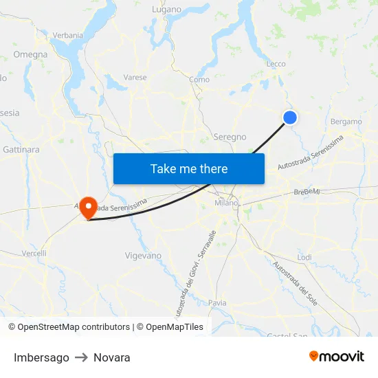 Imbersago to Novara map