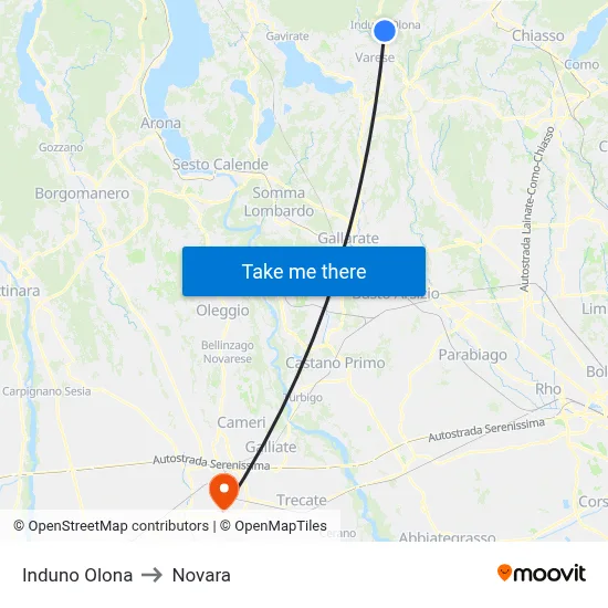 Induno Olona to Novara map