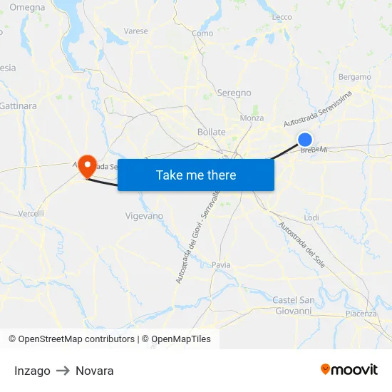 Inzago to Novara map