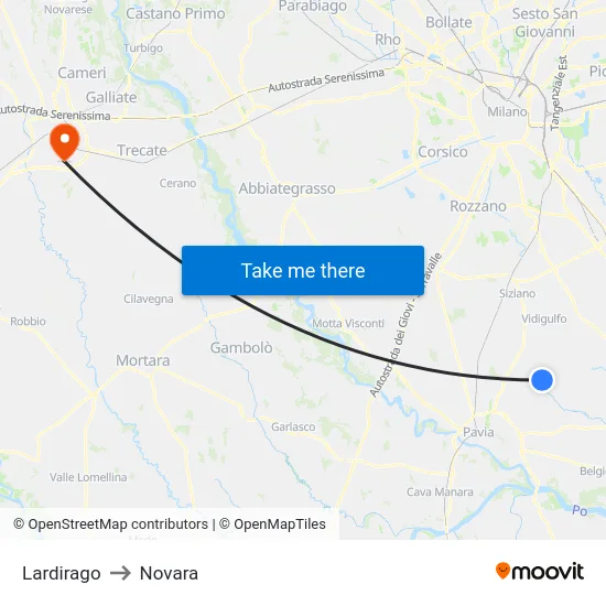 Lardirago to Novara map