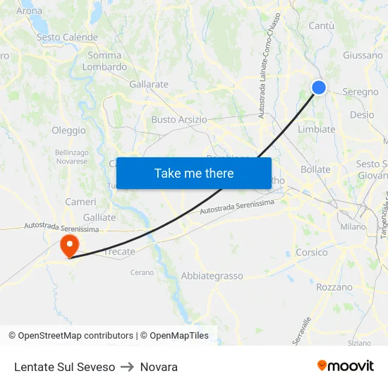 Lentate Sul Seveso to Novara map