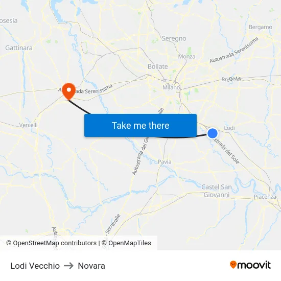 Lodi Vecchio to Novara map