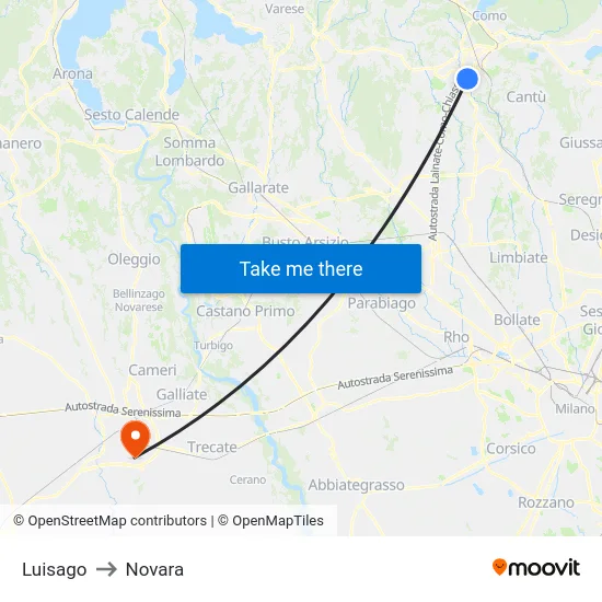Luisago to Novara map